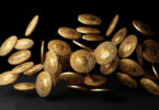 golden bitcoins drop black background 3d rendering