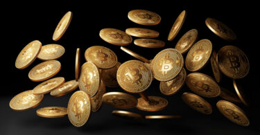 golden bitcoins drop black background 3d rendering