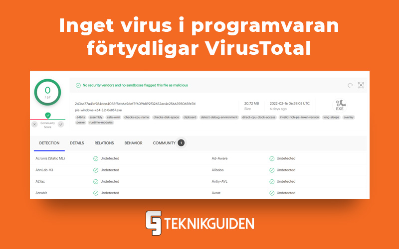 Inget virus i programvaran fortydligar Virustotal