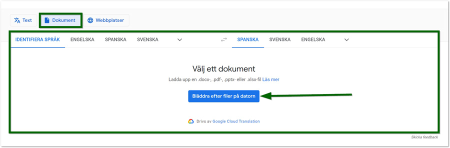 Ladda upp dokument med Google Translate
